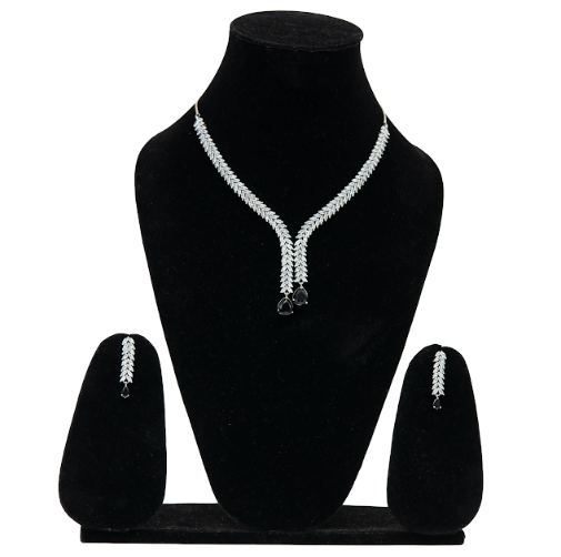 Silver Tone Leaf Design Necklace Set with Black Drops
